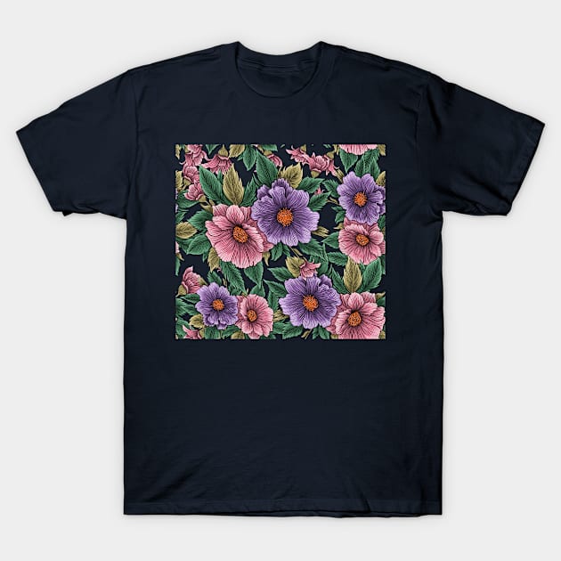 Lilac and pink flowers with green leaves. T-Shirt by ilhnklv